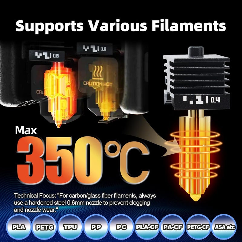 IdeaFormer-3D طقم رأس الطباعة الساخن 2 قطعة 0.6 مم P2S H2S H2D، طقم رأس الطباعة الساخن للأداء مع فوهة فولاذية صلبة قابلة للإزالة لطابعة Bambu Lab P2S H2S/H2D/H2D Combo/A1/A1 Mini ليزر 3D - Image 4
